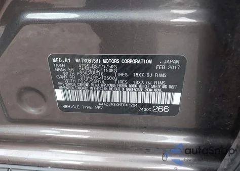 2017 Mitsubishi Outlander Se из США, поврежденный, VIN JA4AD3A3XHZ041224